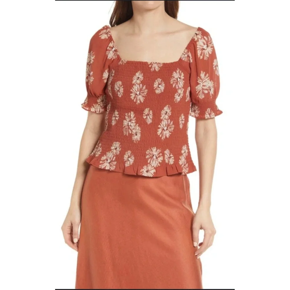 Madewell Georgette Lucie Floral Smocked Top Square Neck Puff Sleeve‎ Rust Size M - Picture 3 of 16